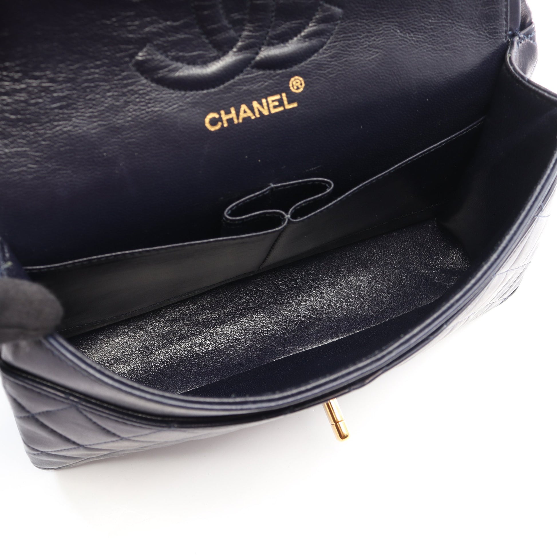 マトラッセ Wフラップ Wチェーンショルダーバッグ ラムスキン ネイビー ゴールド金具 ヴィンテージ シャネル バッグ CHANEL