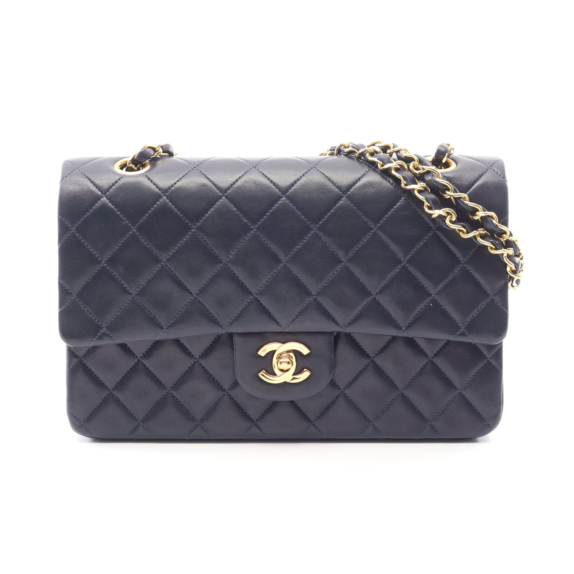 マトラッセ Wフラップ Wチェーンショルダーバッグ ラムスキン ネイビー ゴールド金具 ヴィンテージ シャネル バッグ CHANEL