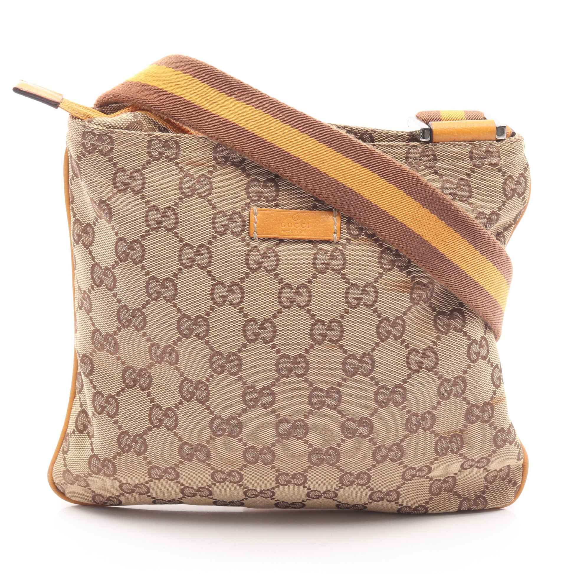 GGキャンバス ショルダーバッグ キャンバス レザー ベージュ オレンジイエロー グッチ バッグ GUCCI