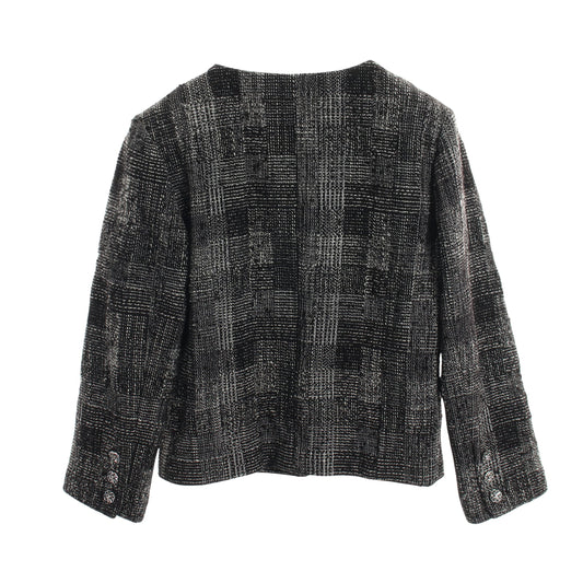 ココマークボタン ツイード ノーカラージャケット コットン ウール ブラック オフホワイト シャネル