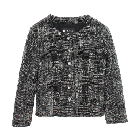 ココマークボタン ツイード ノーカラージャケット コットン ウール ブラック オフホワイト シャネル