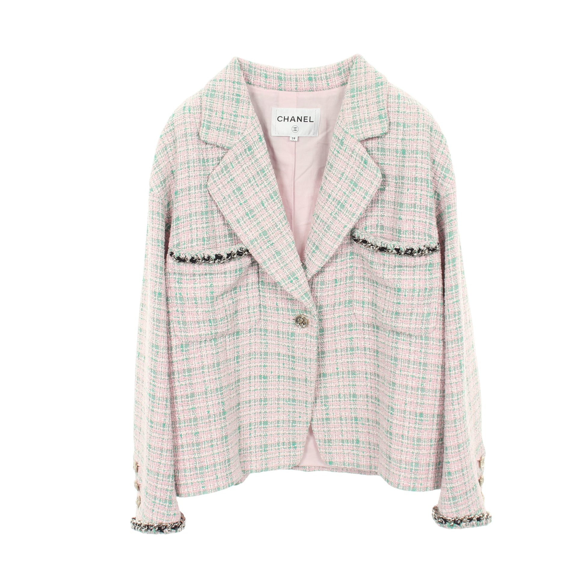 ココマークボタン チェック ツイード 1B ジャケット コットン ピンク グリーン シャネル アウター CHANEL