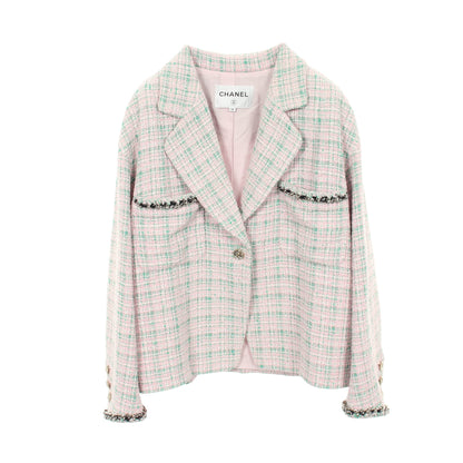 ココマークボタン チェック ツイード 1B ジャケット コットン ピンク グリーン シャネル アウター CHANEL