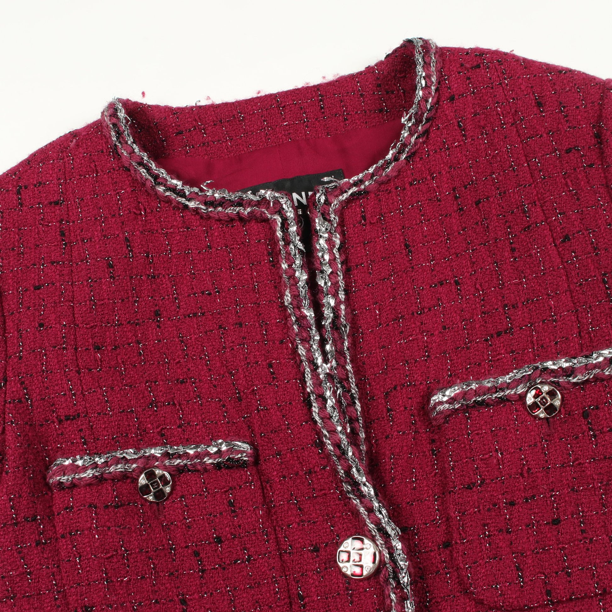 ココマークボタン ツイード ノーカラージャケット ウール ピンクパープル シャネル アウター CHANEL