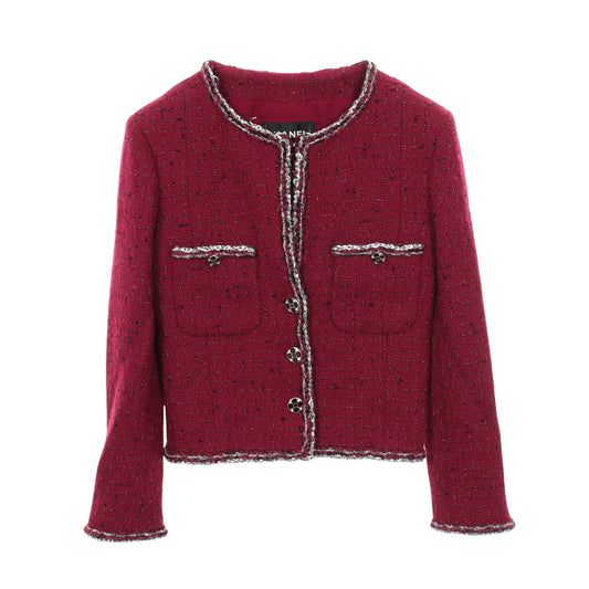 ココマークボタン ツイード ノーカラージャケット ウール ピンクパープル シャネル