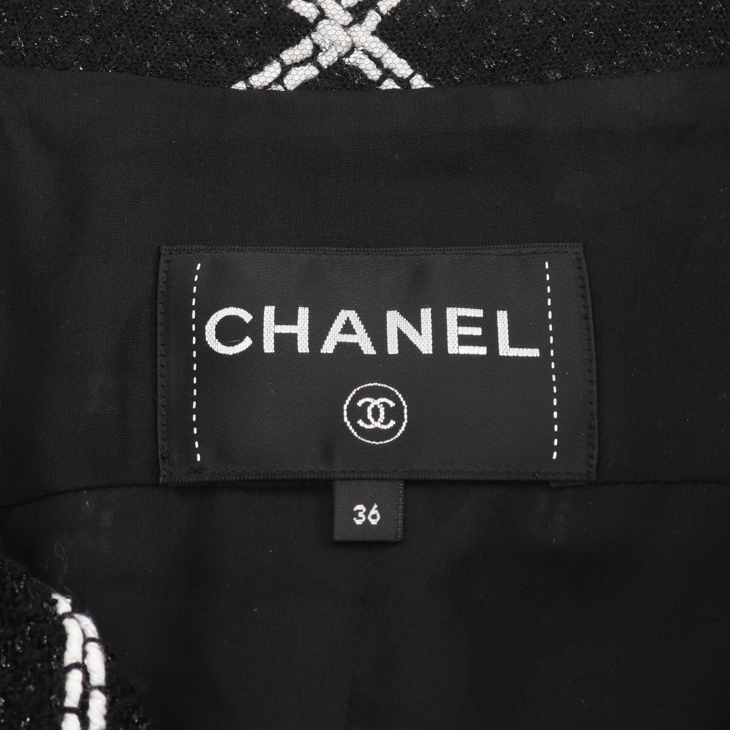 23FW ココマークボタン フリル ツイード ジャケット ビスコース ブラック ホワイト シャネル アウター CHANEL
