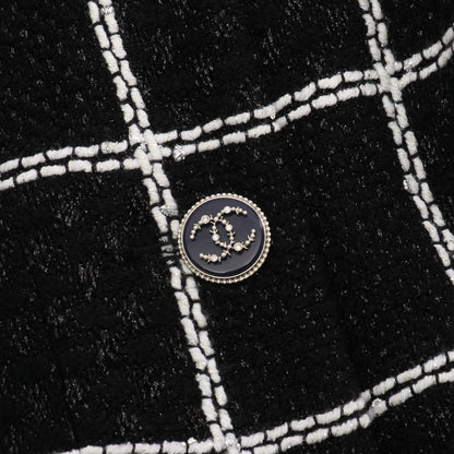 23FW ココマークボタン フリル ツイード ジャケット ビスコース ブラック ホワイト シャネル アウター CHANEL