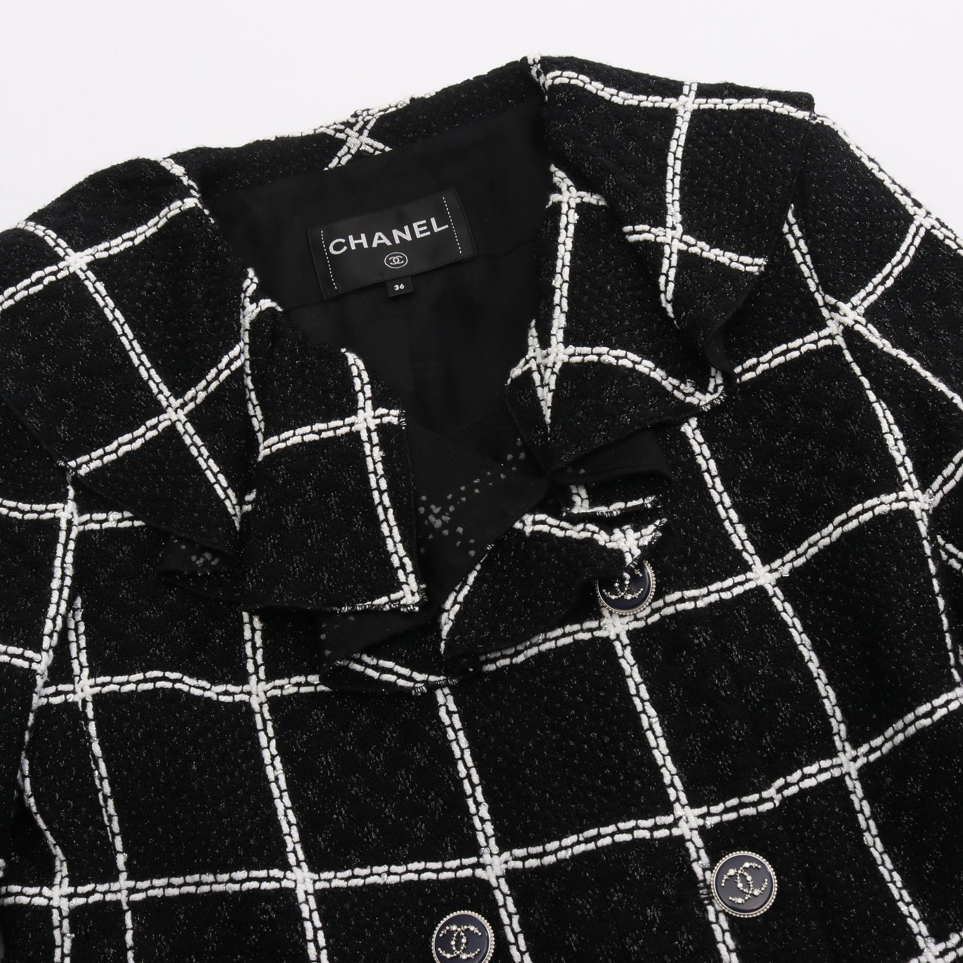 23FW ココマークボタン フリル ツイード ジャケット ビスコース ブラック ホワイト シャネル アウター CHANEL