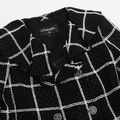 23FW ココマークボタン フリル ツイード ジャケット ビスコース ブラック ホワイト シャネル アウター CHANEL