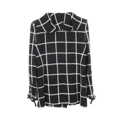 23FW ココマークボタン フリル ツイード ジャケット ビスコース ブラック ホワイト シャネル アウター CHANEL