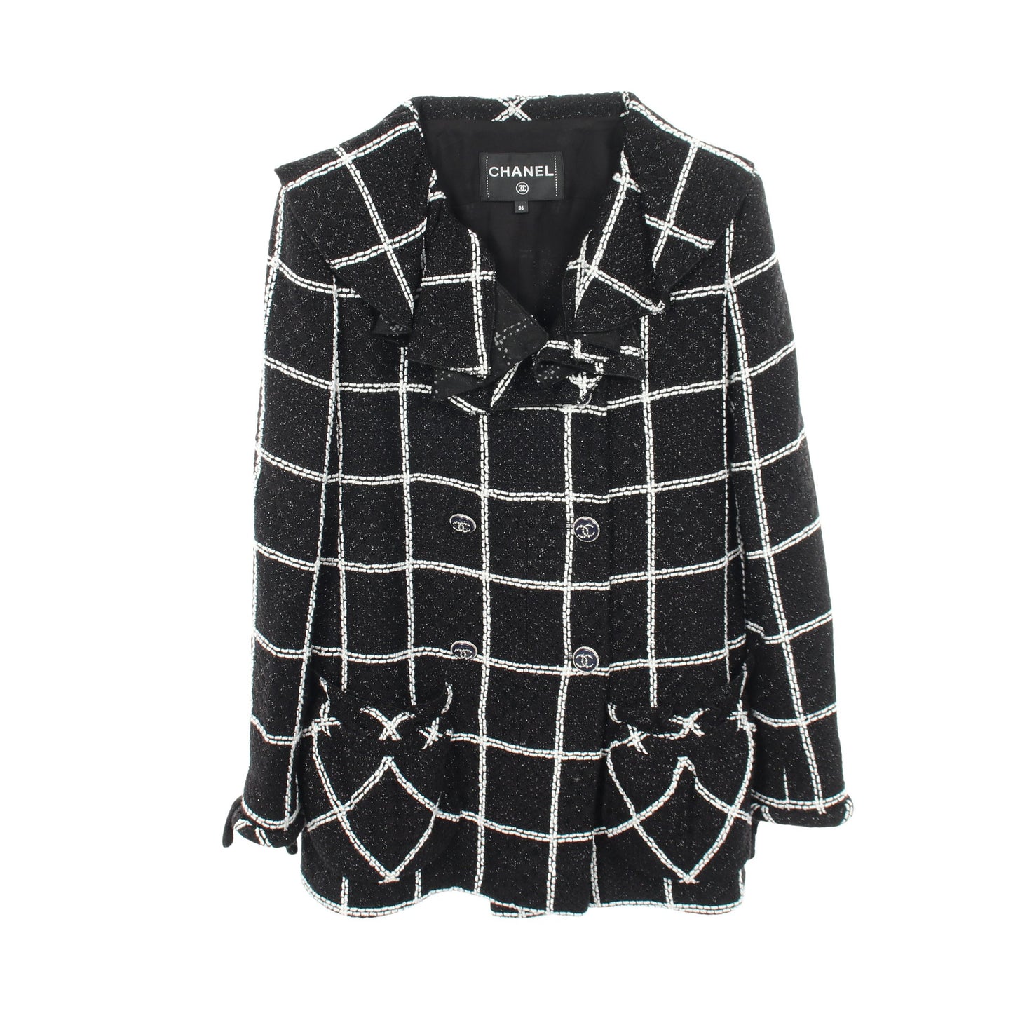 23FW ココマークボタン フリル ツイード ジャケット ビスコース ブラック ホワイト シャネル アウター CHANEL