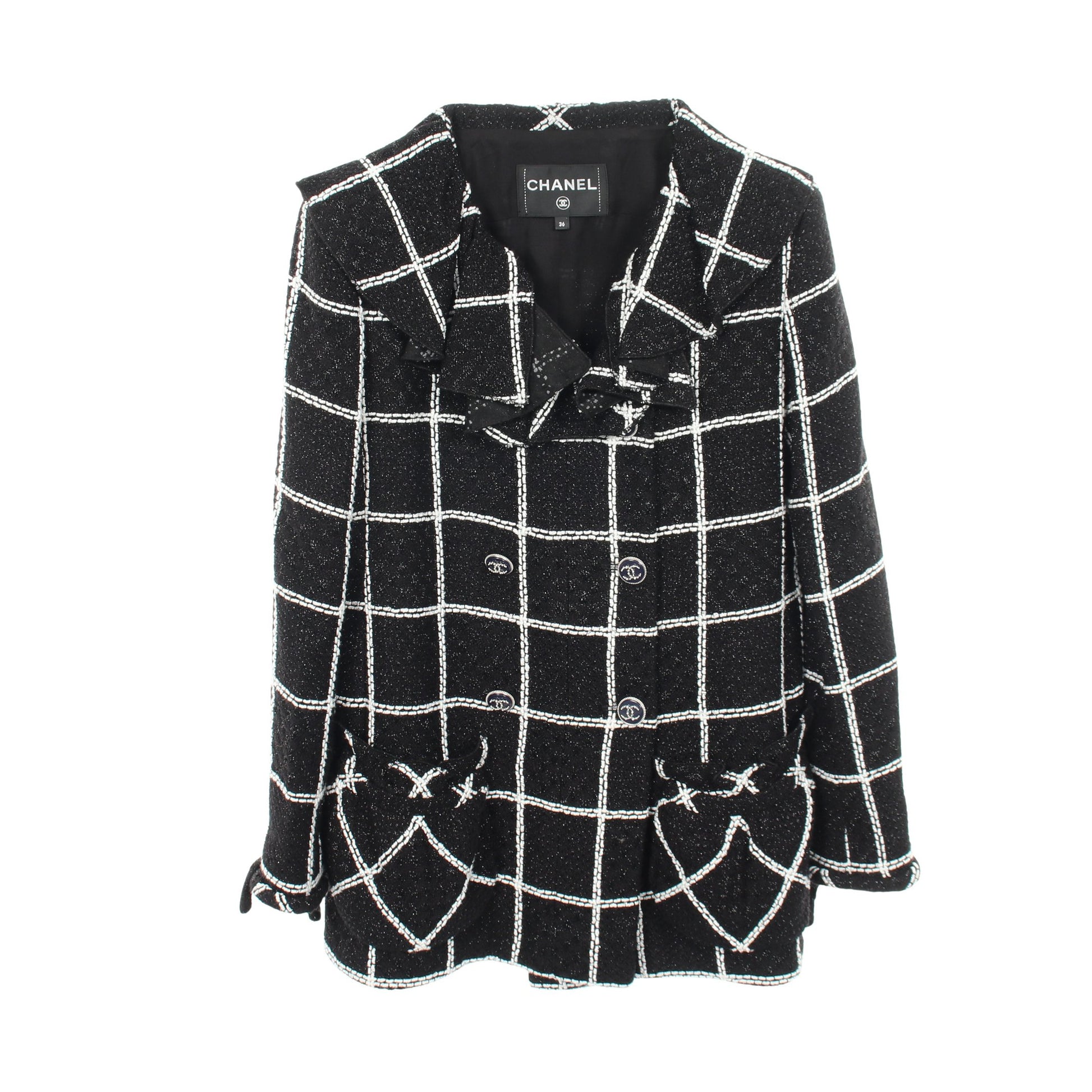 23FW ココマークボタン フリル ツイード ジャケット ビスコース ブラック ホワイト シャネル アウター CHANEL