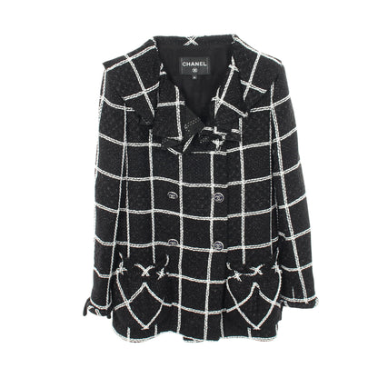 23FW ココマークボタン フリル ツイード ジャケット ビスコース ブラック ホワイト シャネル アウター CHANEL