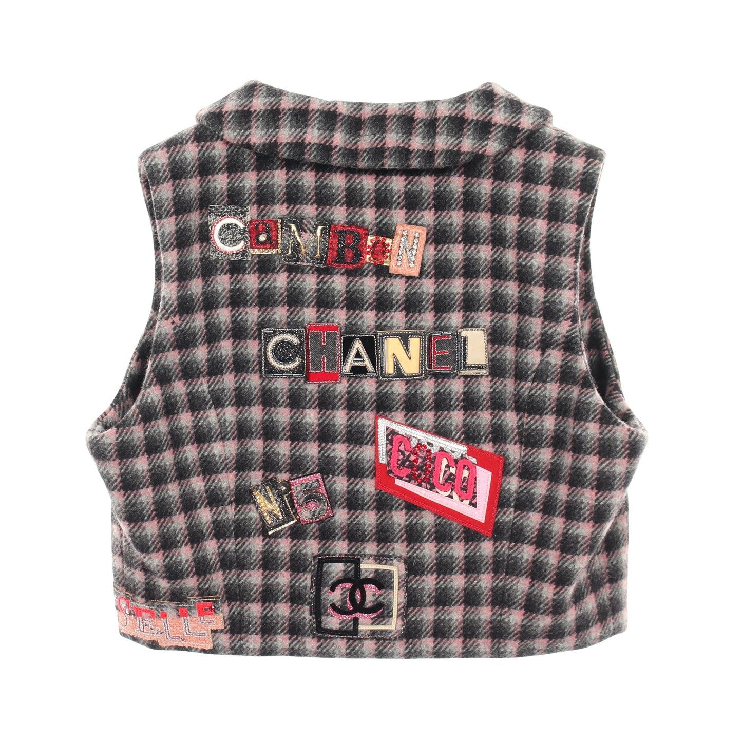 ココマークボタン ワッペンロゴ チェック クロップド ベスト ウール ブラック ピンク グレー シャネル トップス CHANEL