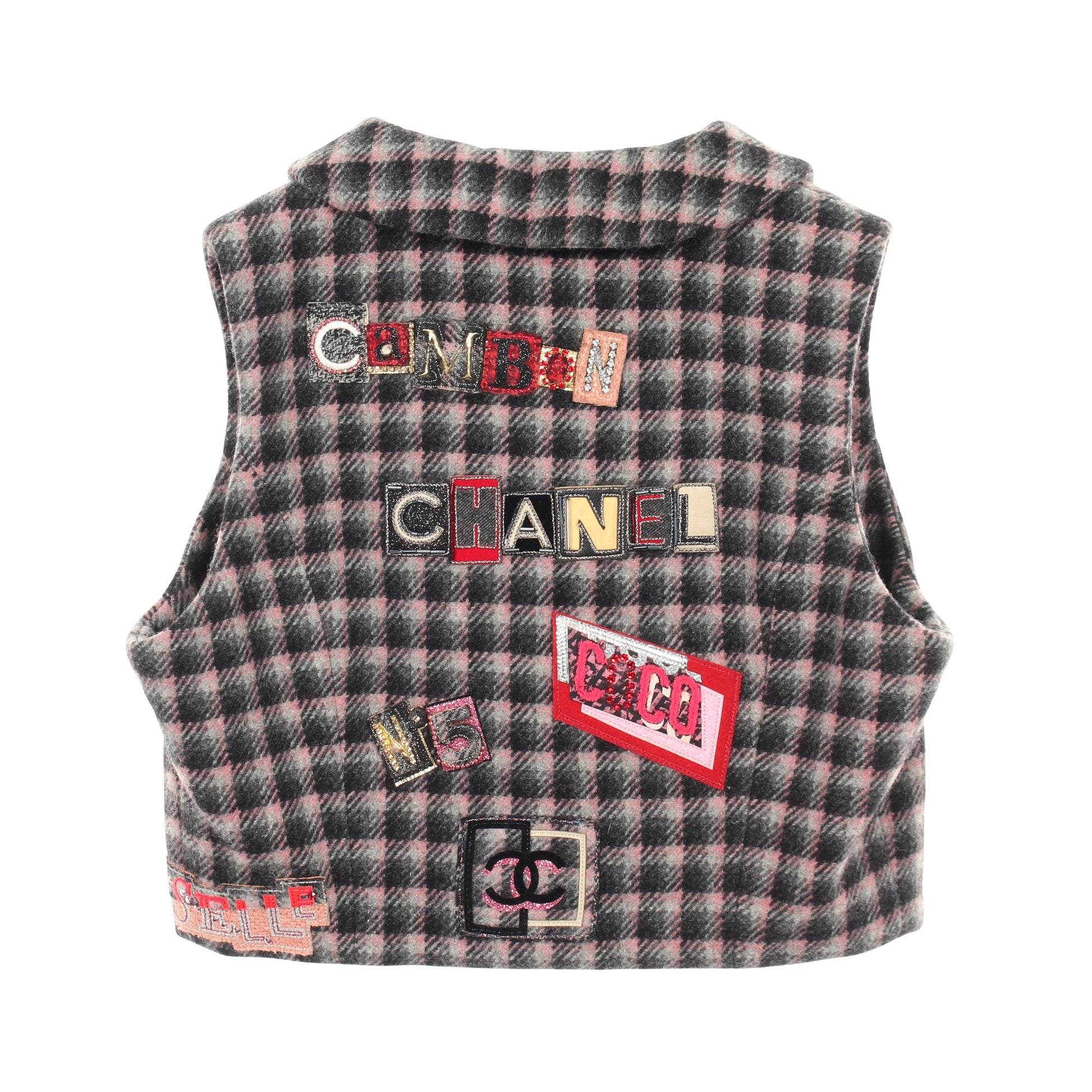 ココマークボタン ワッペンロゴ チェック クロップド ベスト ウール ブラック ピンク グレー シャネル トップス CHANEL
