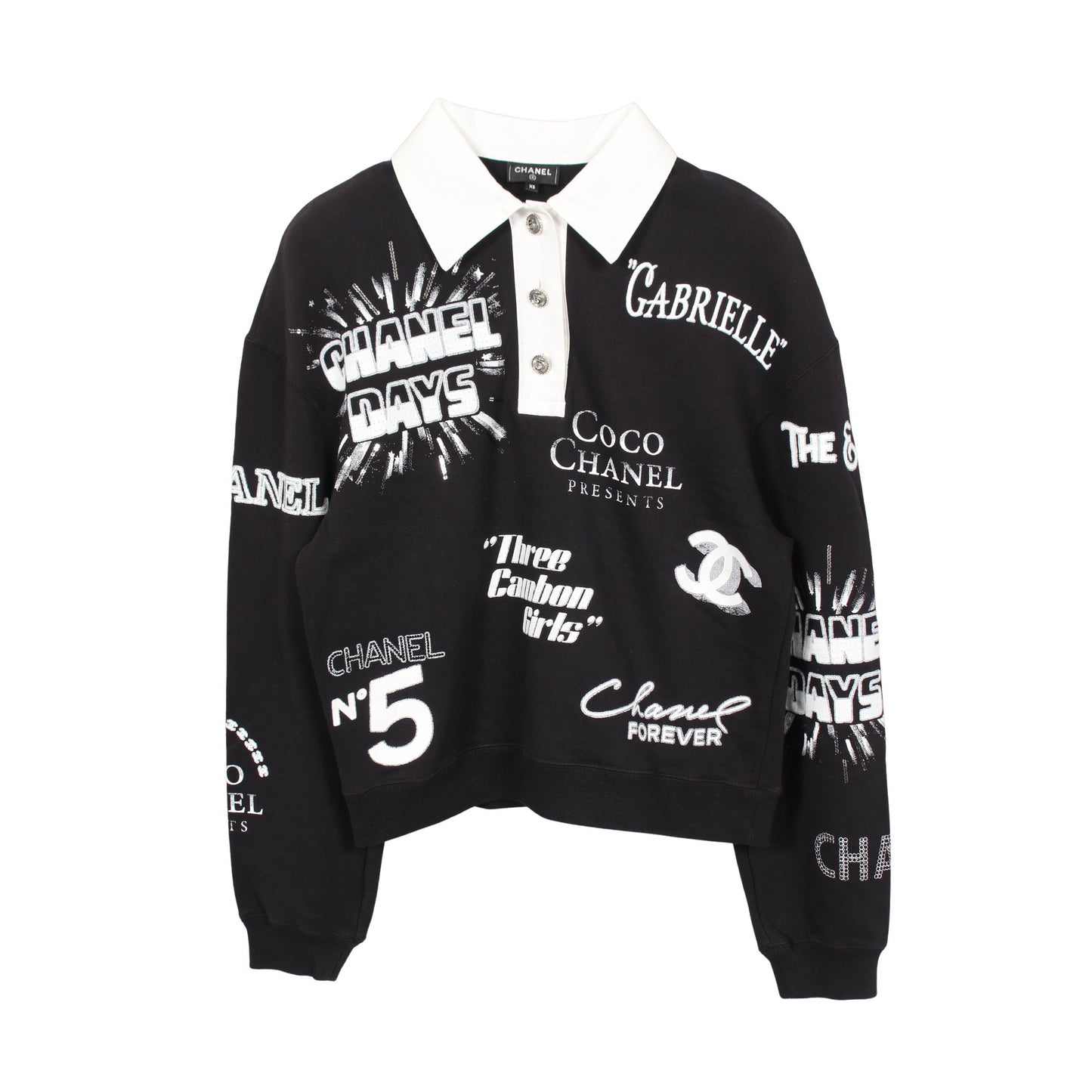 ロングスリーブ スウェット ポロシャツ コットン スパンコール ラインストーン ブラック ホワイト シャネル トップス CHANEL