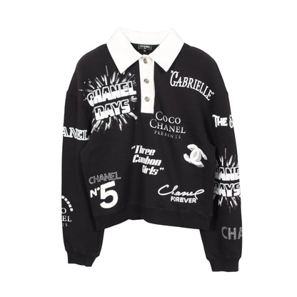 ロングスリーブ スウェット ポロシャツ コットン スパンコール ラインストーン ブラック ホワイト シャネル トップス CHANEL