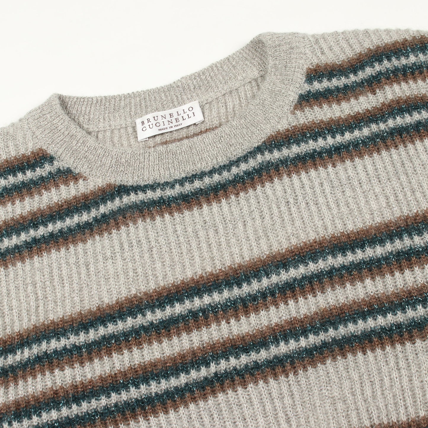 ボーダー クルーネック ニット モヘヤ ウール グレー グリーン ブラウン ブルネロクチネリ トップス BRUNELLO CUCINELLI