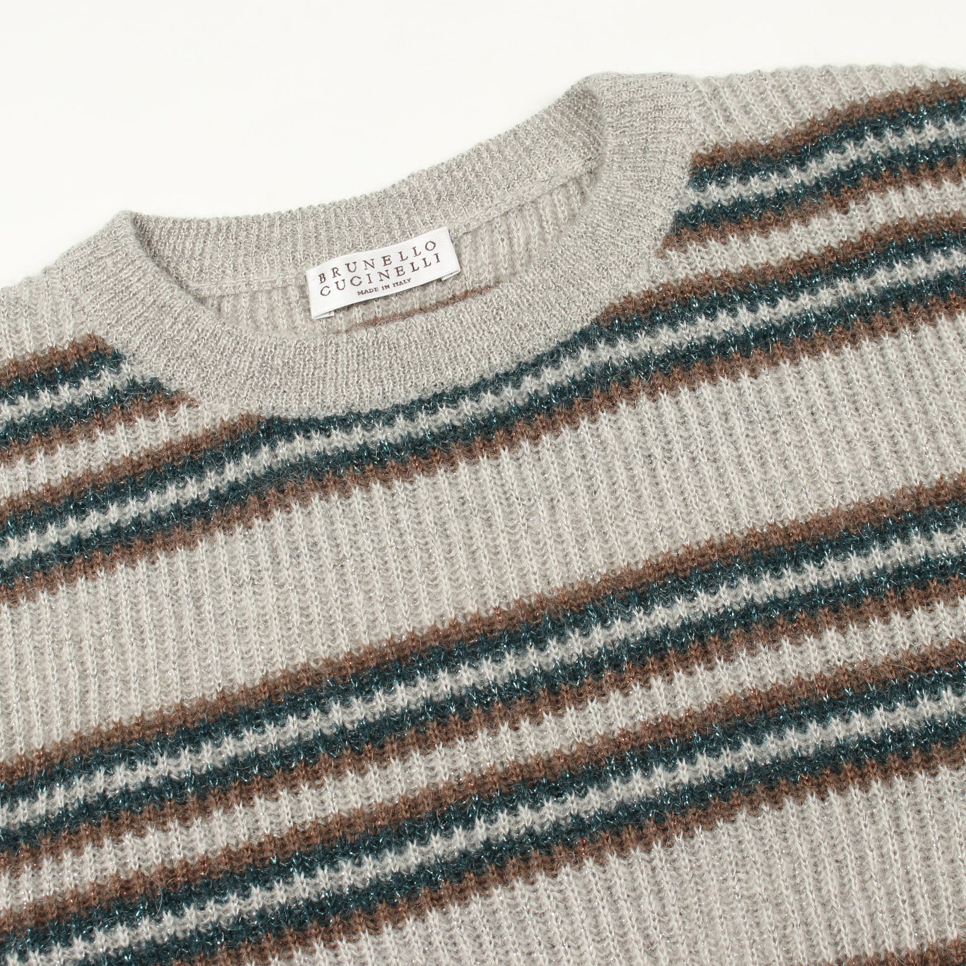 ボーダー クルーネック ニット モヘヤ ウール グレー グリーン ブラウン ブルネロクチネリ トップス BRUNELLO CUCINELLI
