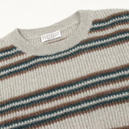 ボーダー クルーネック ニット モヘヤ ウール グレー グリーン ブラウン ブルネロクチネリ トップス BRUNELLO CUCINELLI