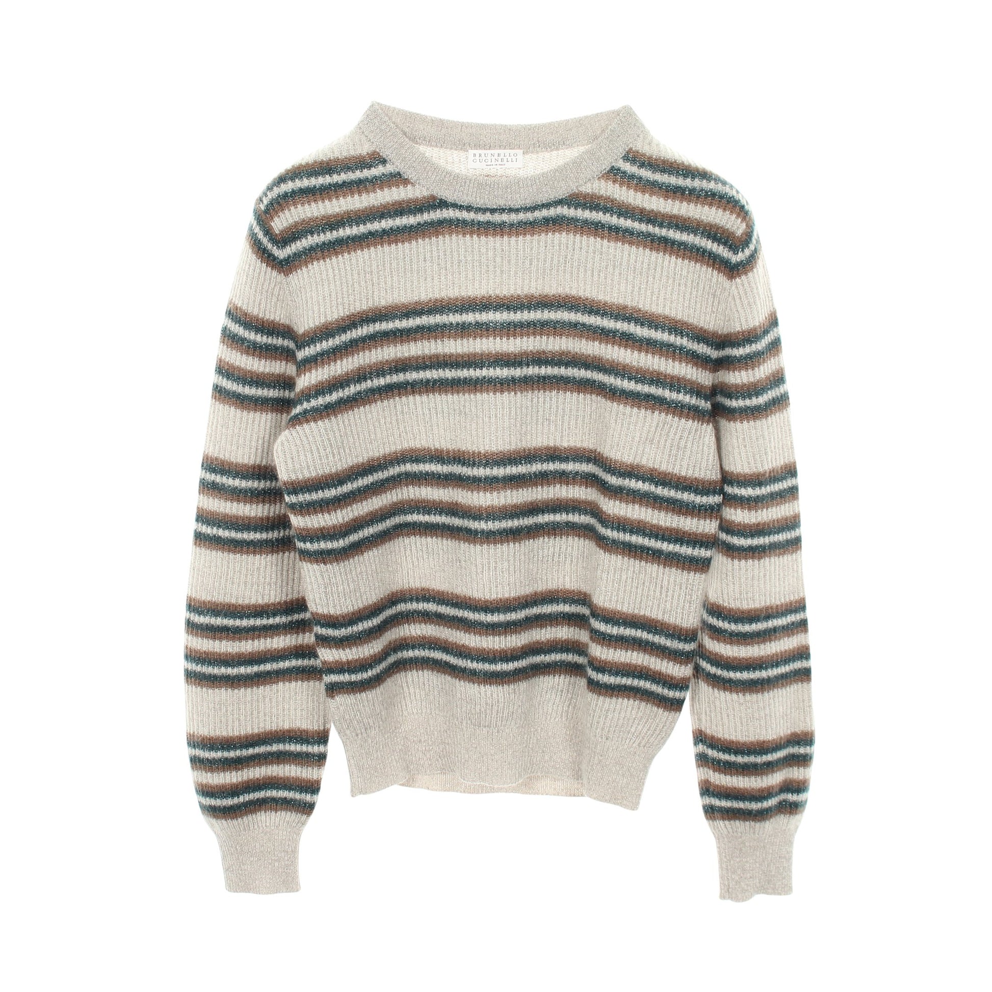 ボーダー クルーネック ニット モヘヤ ウール グレー グリーン ブラウン ブルネロクチネリ トップス BRUNELLO CUCINELLI