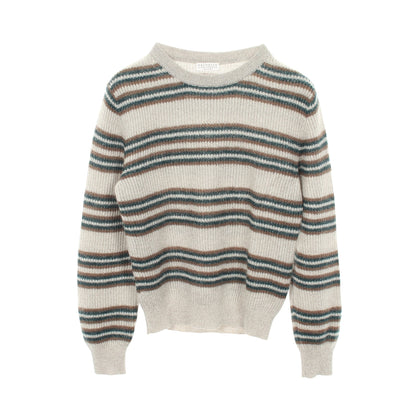 ボーダー クルーネック ニット モヘヤ ウール グレー グリーン ブラウン ブルネロクチネリ トップス BRUNELLO CUCINELLI