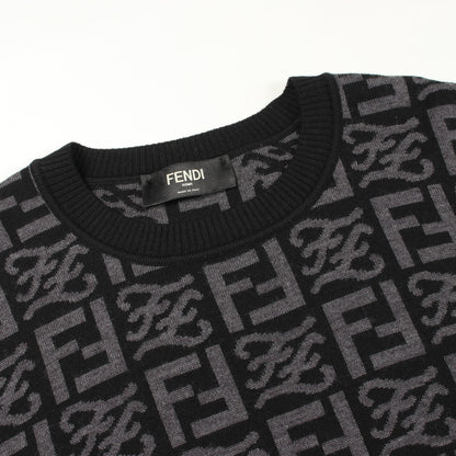 FFロゴ 総柄 クルーネック ニット ウール ブラック グレー フェンディ トップス FENDI