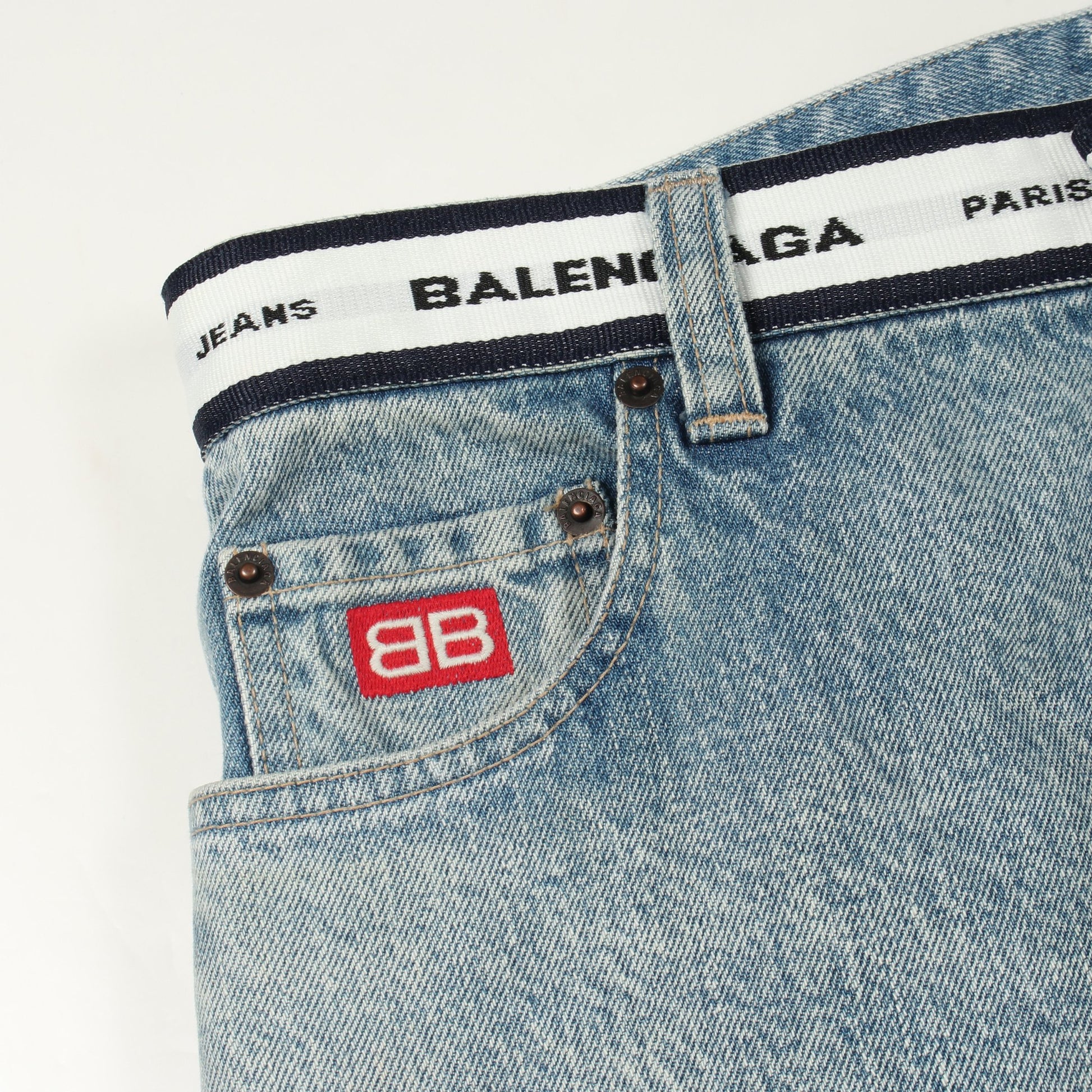 ロゴウエスト ボタンフライ デニムパンツ コットン ライトブルー バレンシアガ ボトムス BALENCIAGA