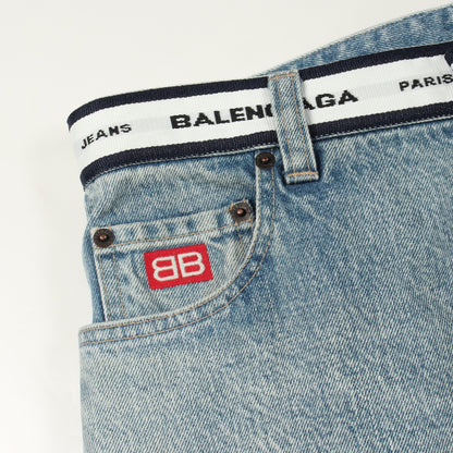 ロゴウエスト ボタンフライ デニムパンツ コットン ライトブルー バレンシアガ ボトムス BALENCIAGA