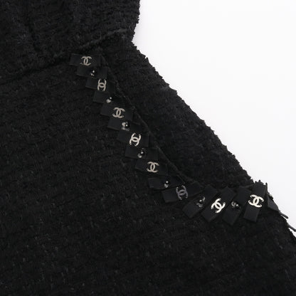 ココマークボタン リボン 長袖 ツイード ワンピース ナイロン シルク ブラック シャネル ワンピース CHANEL