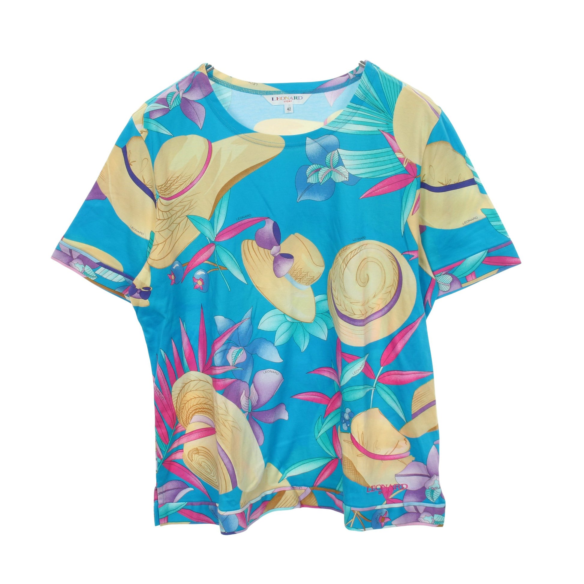 花柄 帽子 半袖Tシャツ コットン ブルー マルチカラー レオナールスポーツ トップス LEONARD SPORT