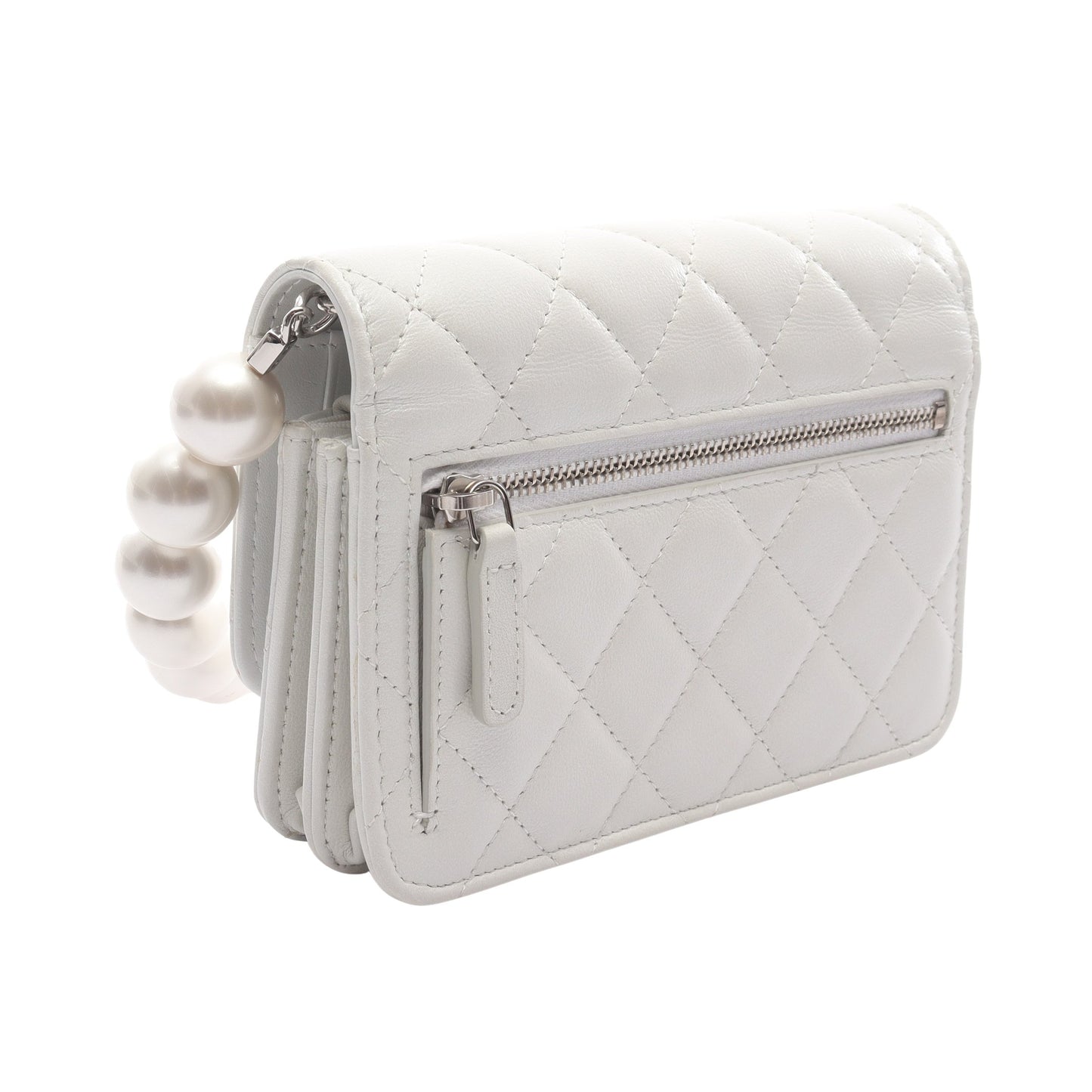マトラッセ パールチェーン ショルダーウォレット ラムスキン ホワイト シルバー金具 シャネル バッグ CHANEL