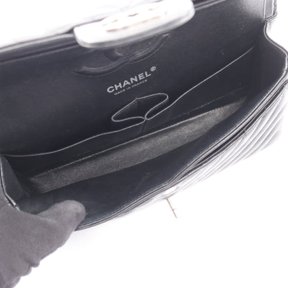 シェブロン Vステッチ Wフラップ Wチェーンショルダーバッグ キャビアスキン ブラック シルバー金具 シャネル バッグ CHANEL