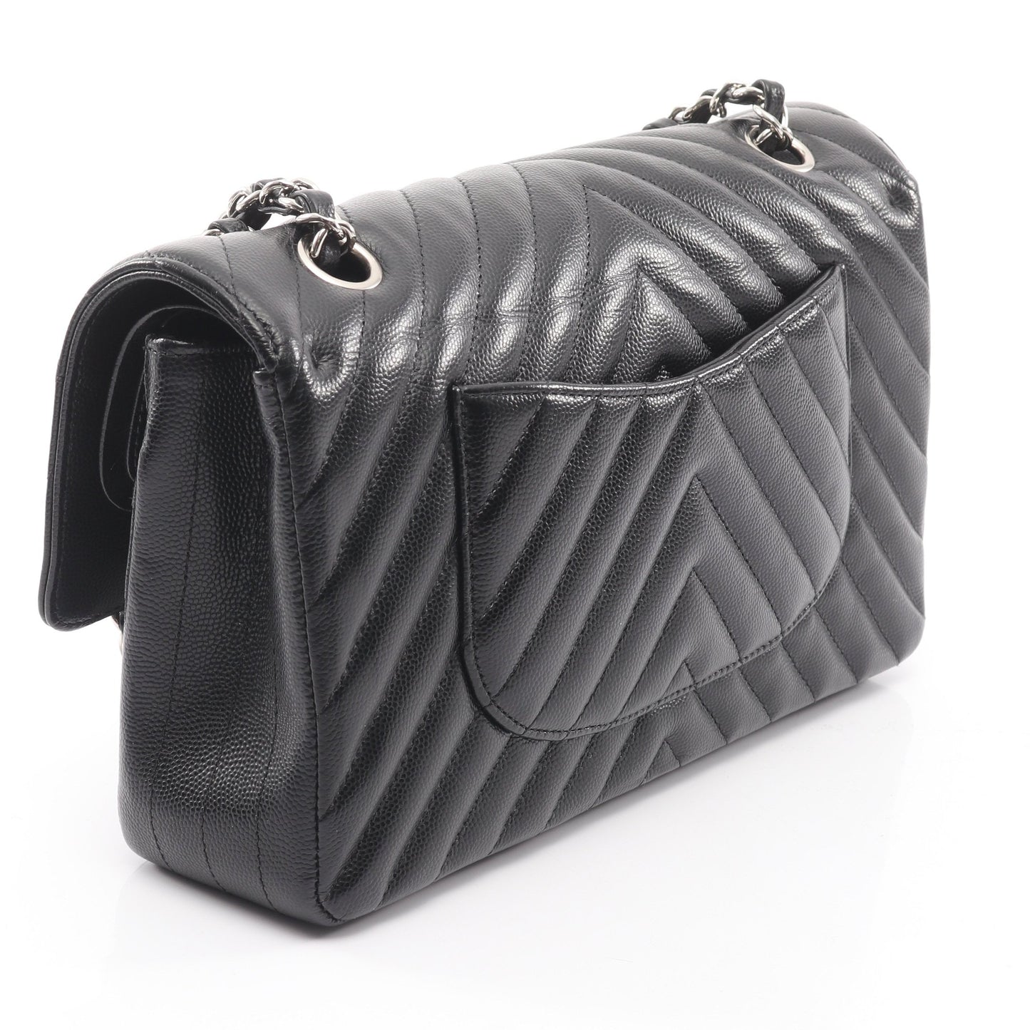 シェブロン Vステッチ Wフラップ Wチェーンショルダーバッグ キャビアスキン ブラック シルバー金具 シャネル バッグ CHANEL