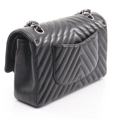 シェブロン Vステッチ Wフラップ Wチェーンショルダーバッグ キャビアスキン ブラック シルバー金具 シャネル バッグ CHANEL