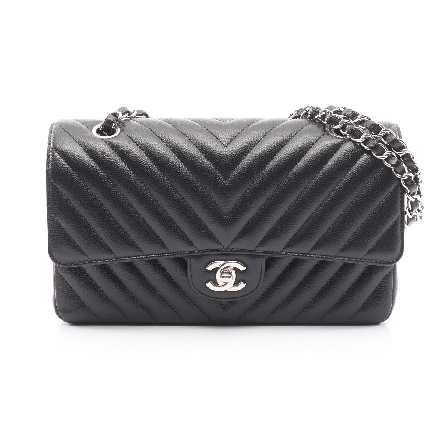 シェブロン Vステッチ Wフラップ Wチェーンショルダーバッグ キャビアスキン ブラック シルバー金具 シャネル バッグ CHANEL