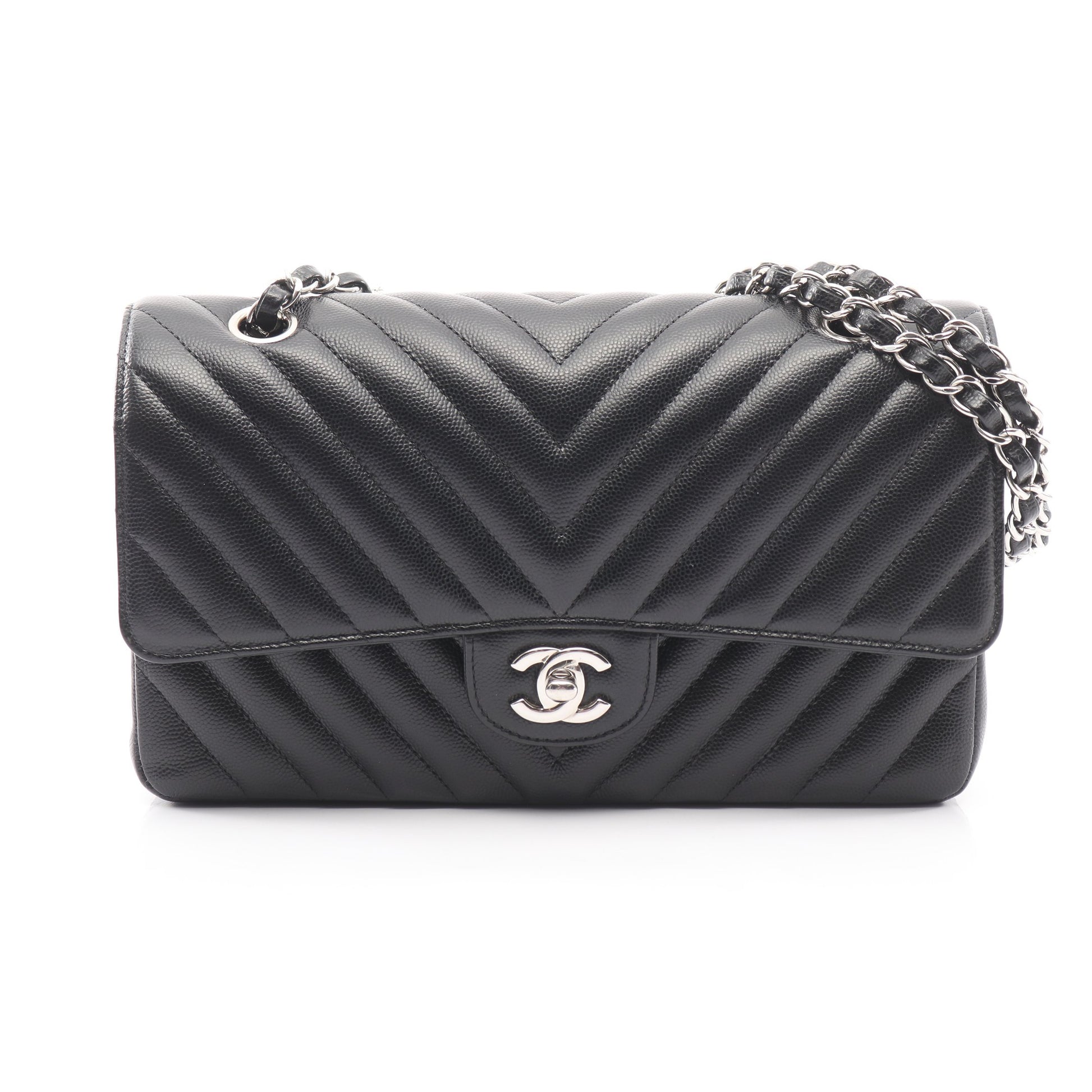 シェブロン Vステッチ Wフラップ Wチェーンショルダーバッグ キャビアスキン ブラック シルバー金具 シャネル バッグ CHANEL