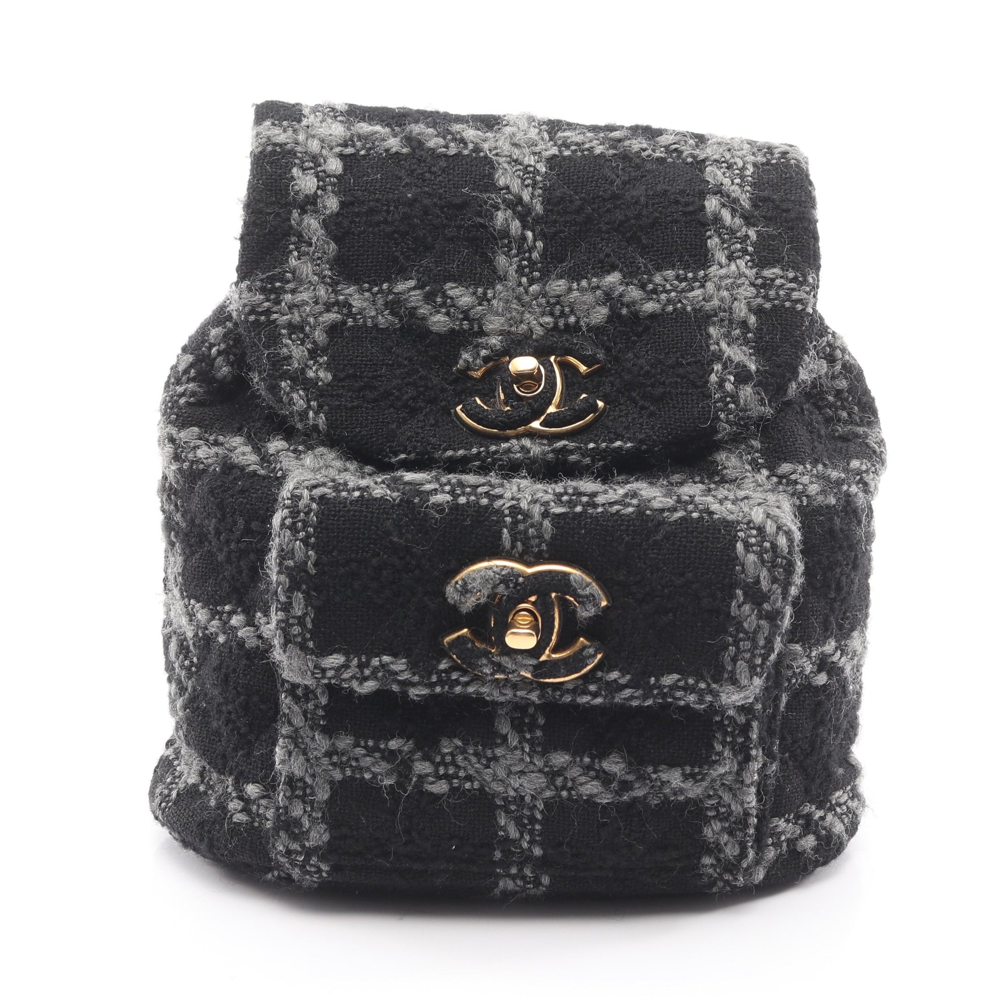 ココマーク バックパック リュックサック チェック柄 ウール ブラック グレー ゴールド金具 シャネル バッグ CHANEL