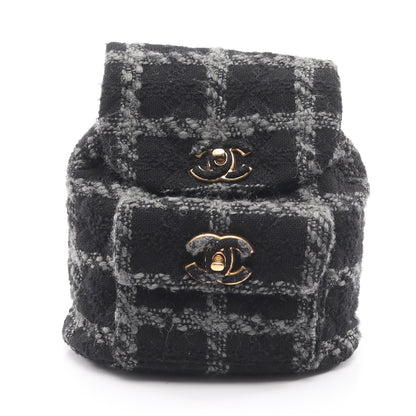 ココマーク バックパック リュックサック チェック柄 ウール ブラック グレー ゴールド金具 シャネル バッグ CHANEL