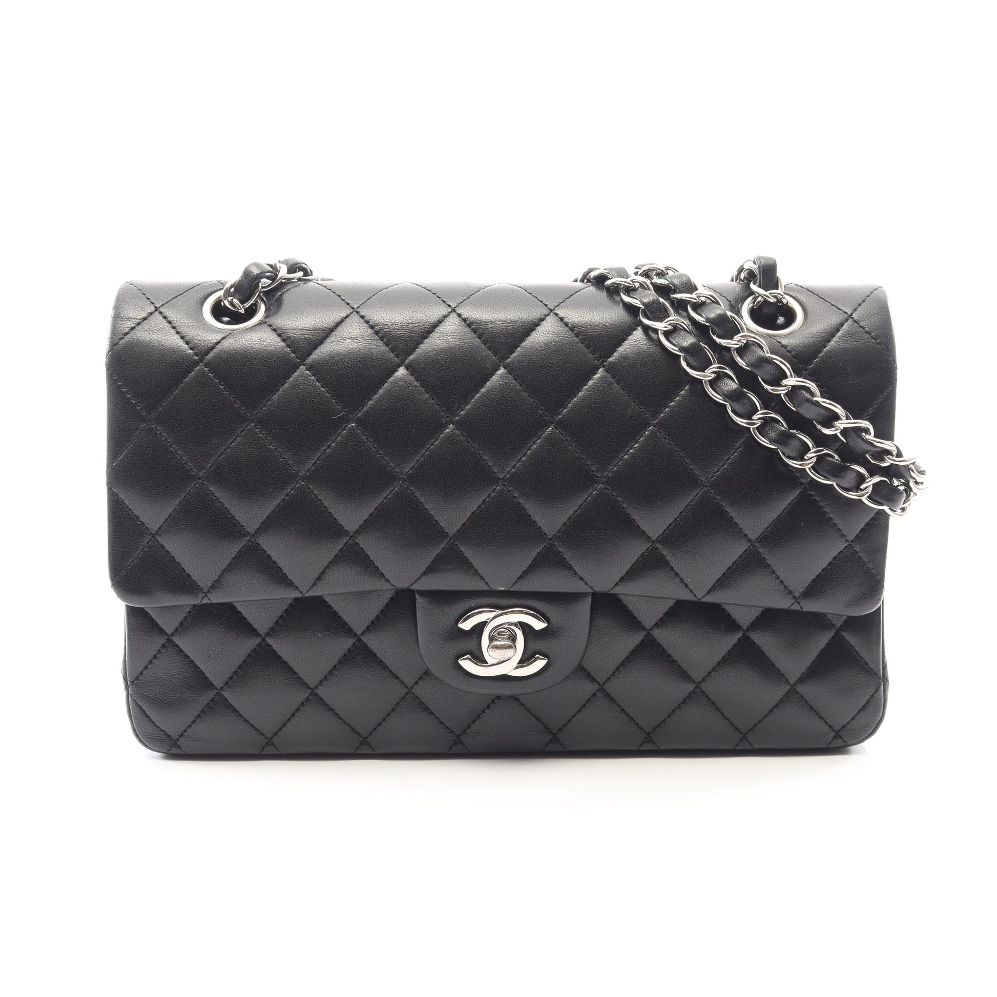 マトラッセ Wフラップ Wチェーンショルダーバッグ ラムスキン ブラック シルバー金具 シャネル バッグ CHANEL