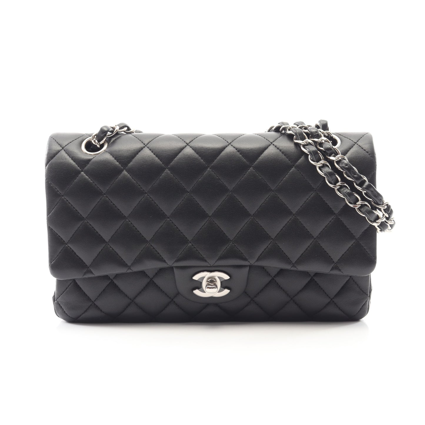 マトラッセ Wフラップ Wチェーンショルダーバッグ ラムスキン ブラック シルバー金具 シャネル バッグ CHANEL