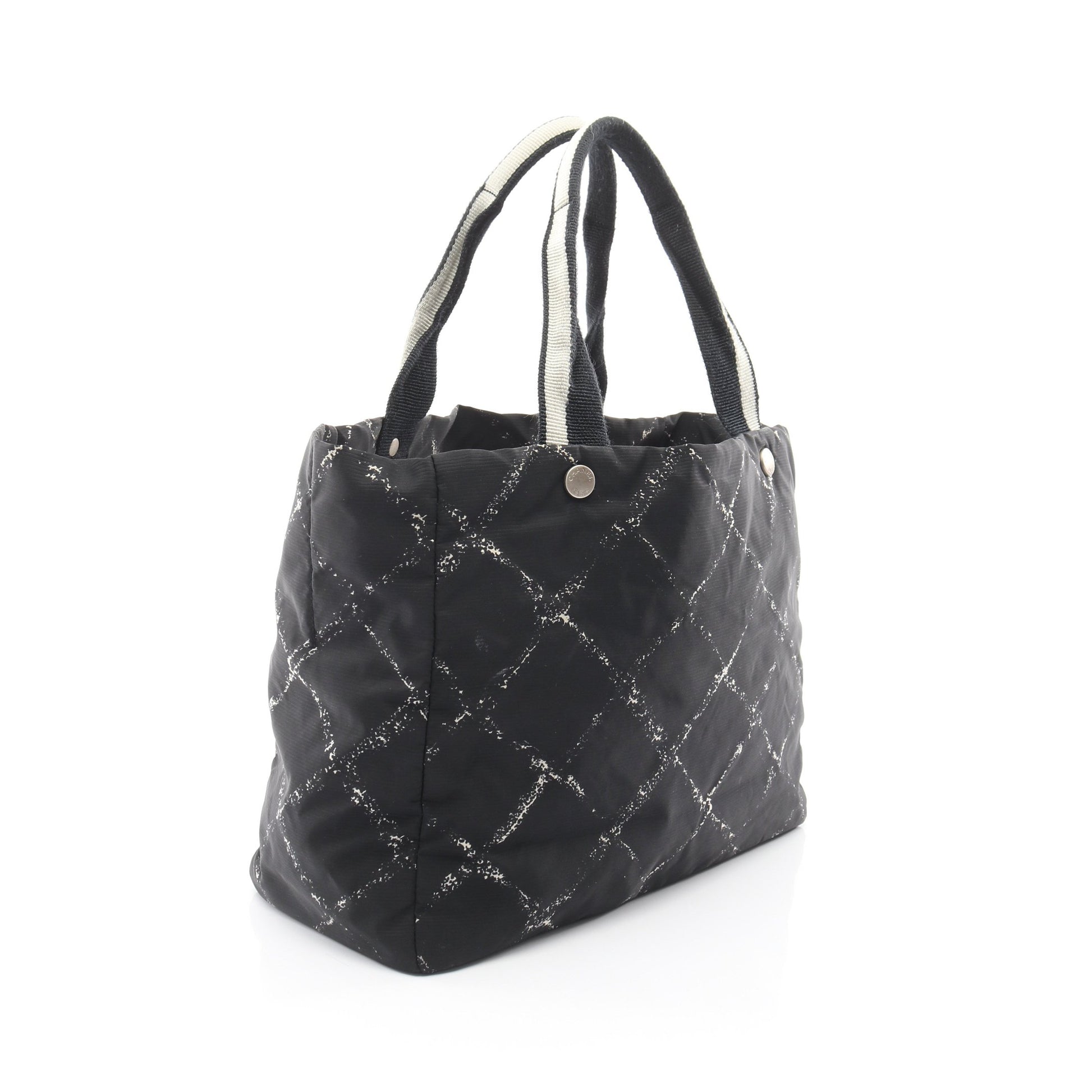 旧トラベルライン ハンドバッグ トートバッグ ナイロン ブラック ホワイト シルバー金具 シャネル バッグ CHANEL