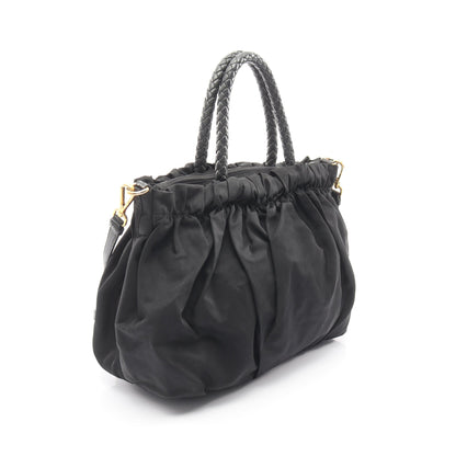 TESSUTO BOW 編み込みハンドル 2WAY ハンドバッグ ナイロン レザー ブラック プラダ バッグ PRADA
