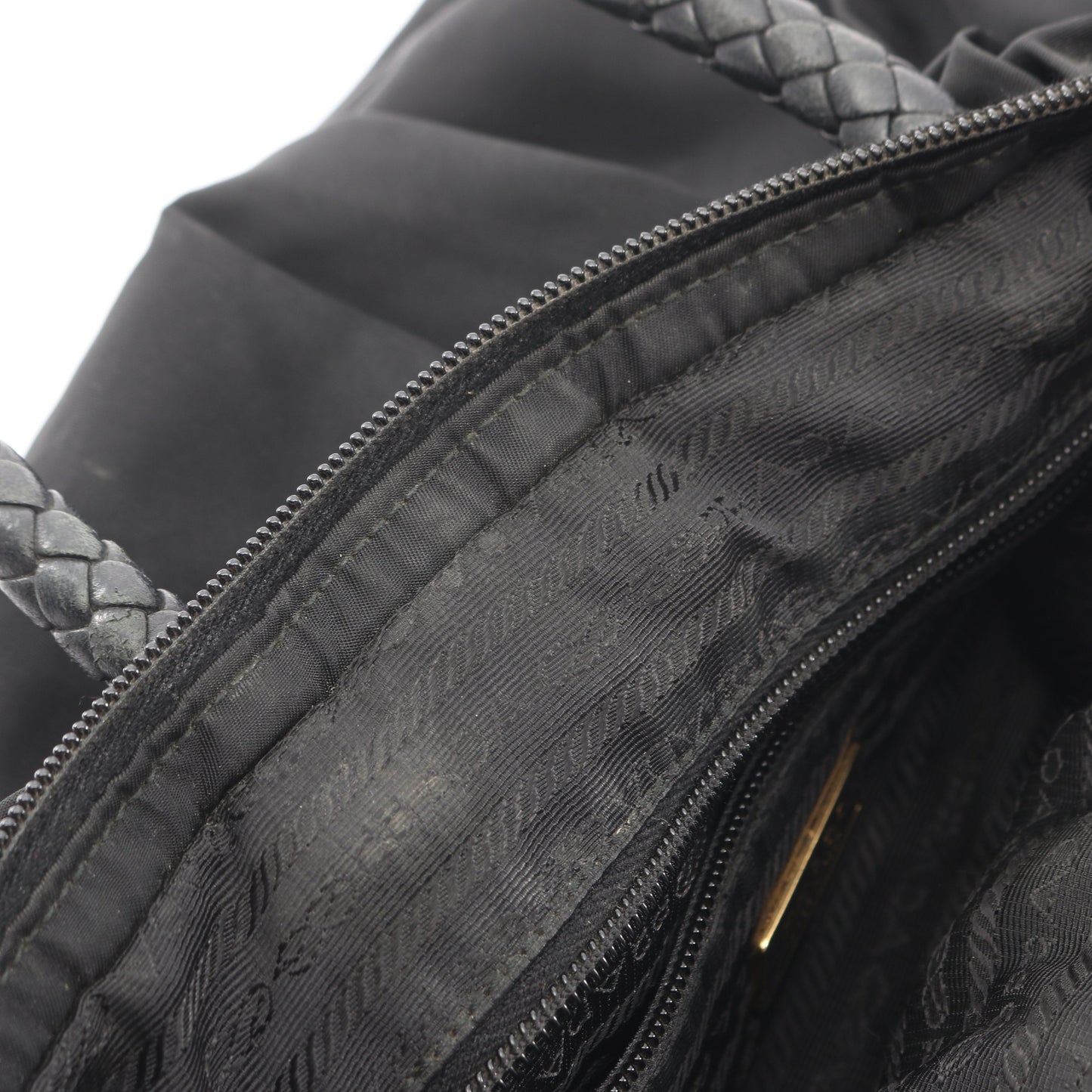 TESSUTO BOW 編み込みハンドル 2WAY ハンドバッグ ナイロン レザー ブラック プラダ バッグ PRADA