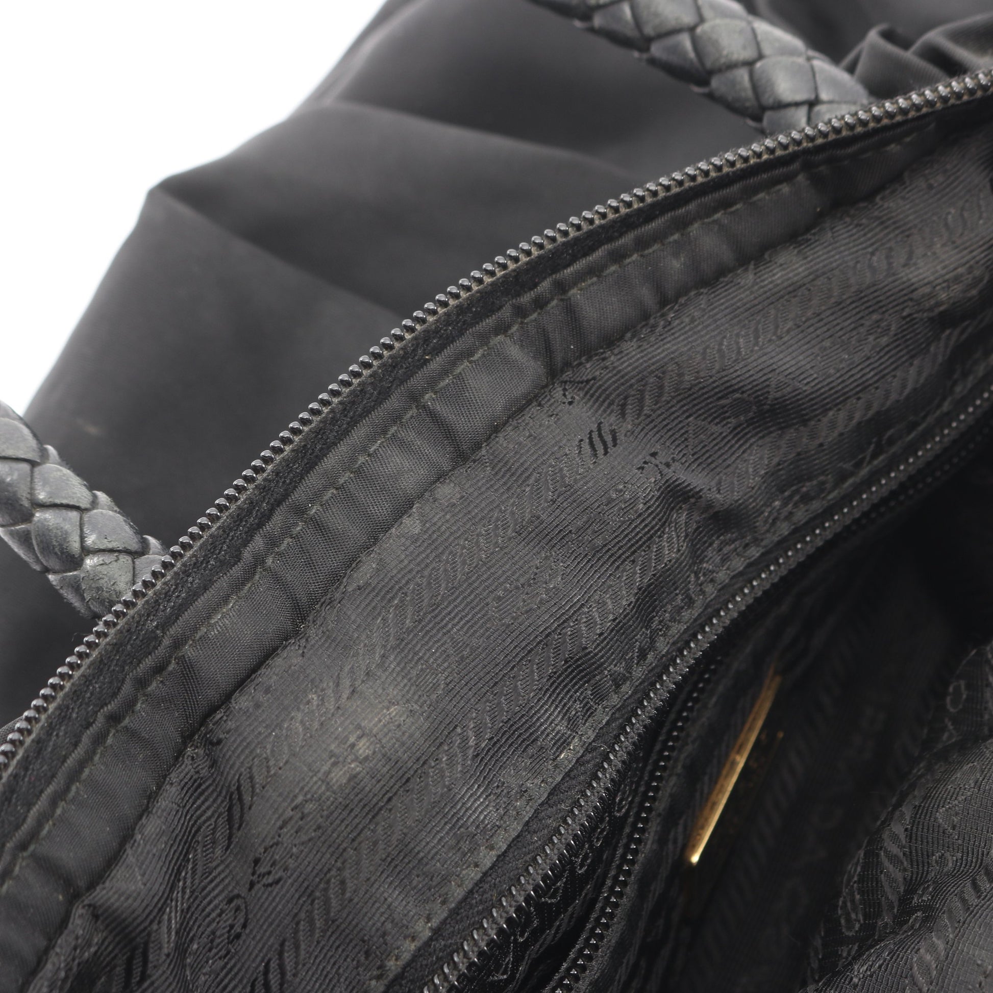 TESSUTO BOW 編み込みハンドル 2WAY ハンドバッグ ナイロン レザー ブラック プラダ バッグ PRADA