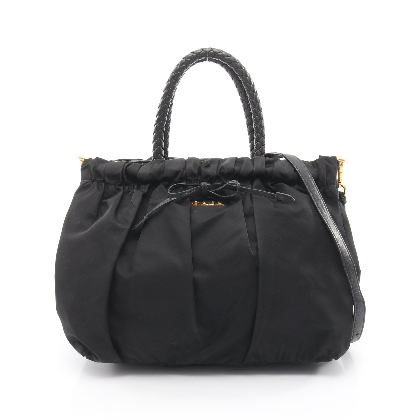 TESSUTO BOW 編み込みハンドル 2WAY ハンドバッグ ナイロン レザー ブラック プラダ バッグ PRADA