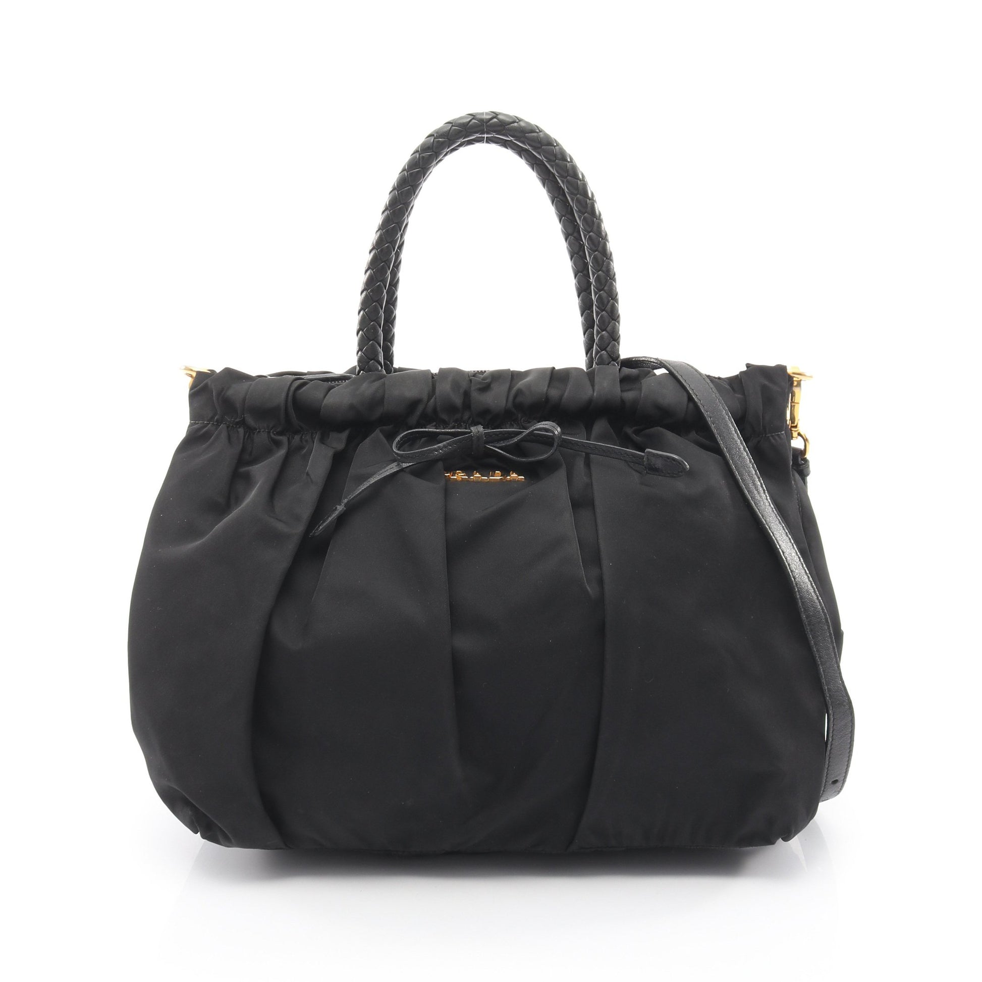TESSUTO BOW 編み込みハンドル 2WAY ハンドバッグ ナイロン レザー ブラック プラダ バッグ PRADA
