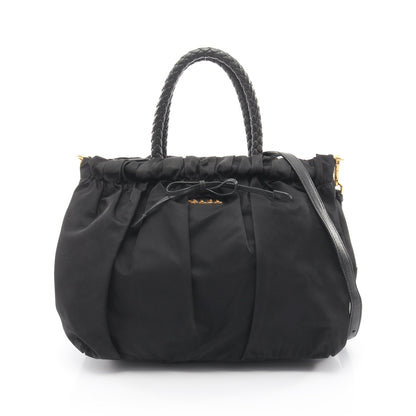 TESSUTO BOW 編み込みハンドル 2WAY ハンドバッグ ナイロン レザー ブラック プラダ バッグ PRADA
