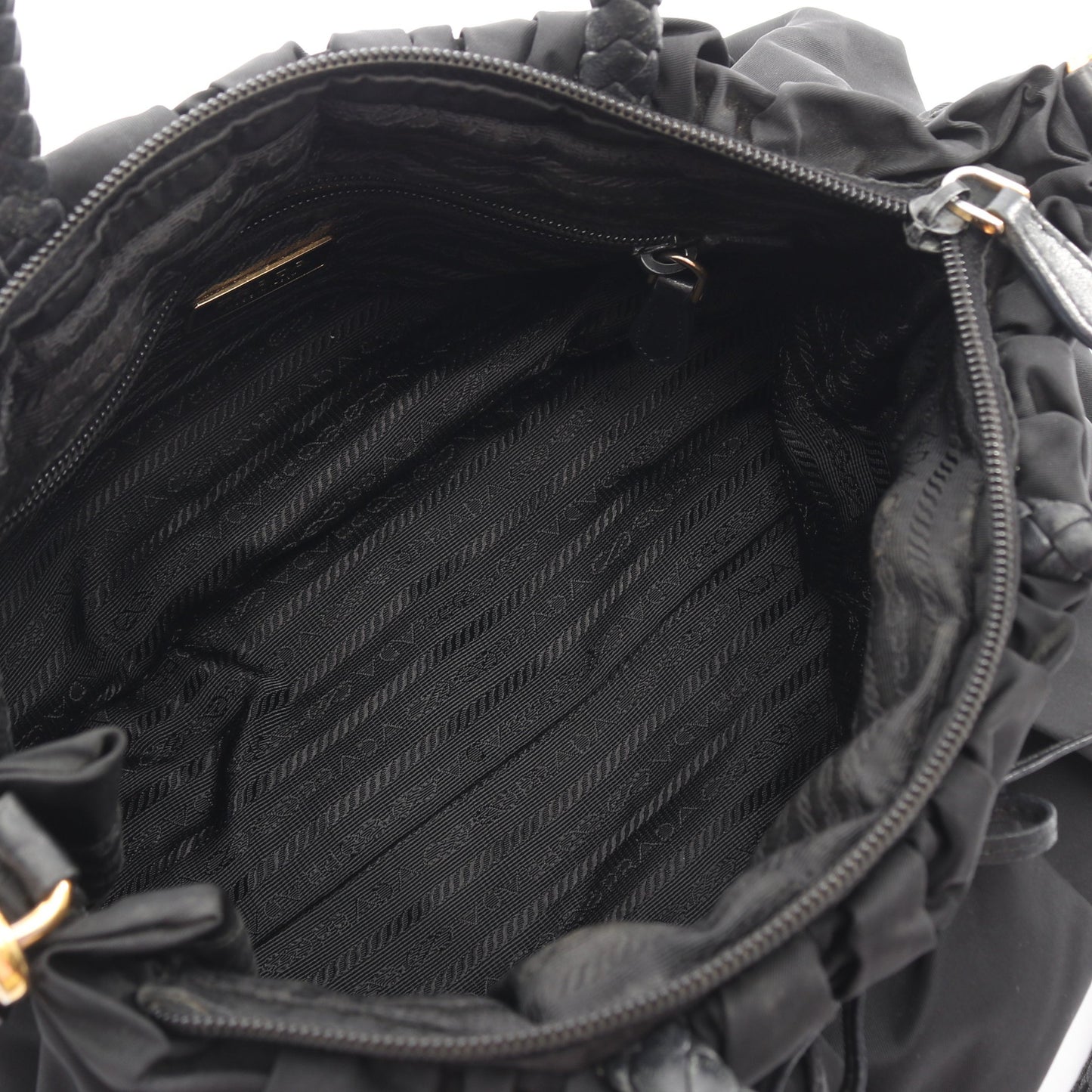TESSUTO BOW 編み込みハンドル 2WAY ハンドバッグ ナイロン レザー ブラック プラダ バッグ PRADA