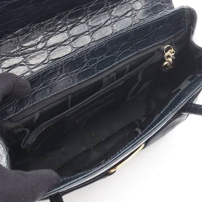 ヴァラ クロコ型押し ハンドバッグ レザー ダークネイビー サルヴァトーレフェラガモ バッグ Salvatore Ferragamo